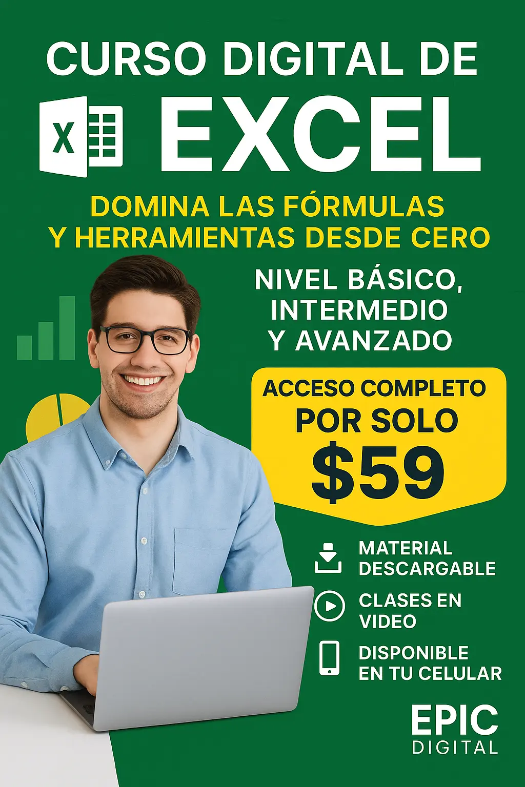Portada neón de Curso Digital de Excel